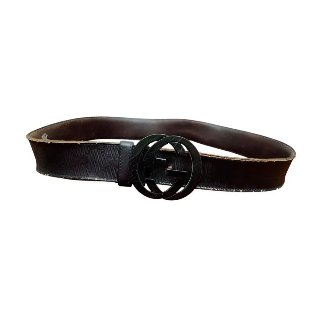 Gucci Black Shiny Imprime Belt With Black Interlinking GG Buckle